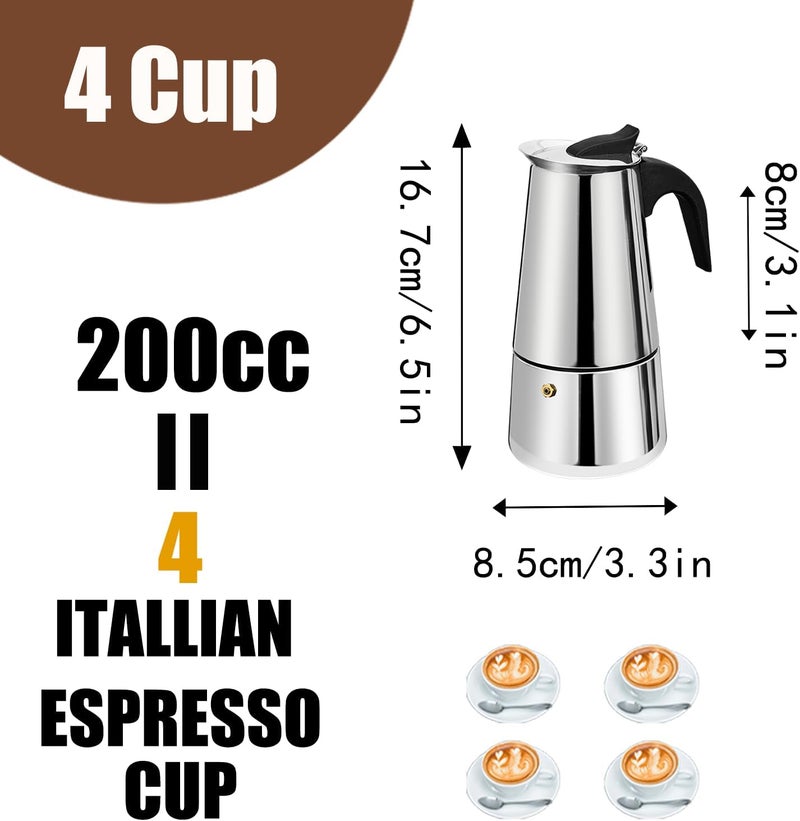 DITOSH 4 Cup Stovetop Espresso Maker Stainless Steel Moka Pot Stove Top Percolator Italian Coffee Makers Capable Mocha Greca Machine Cafe Classic Induction Cookers for Home and Camping 200ml 6.6oz - Image 3